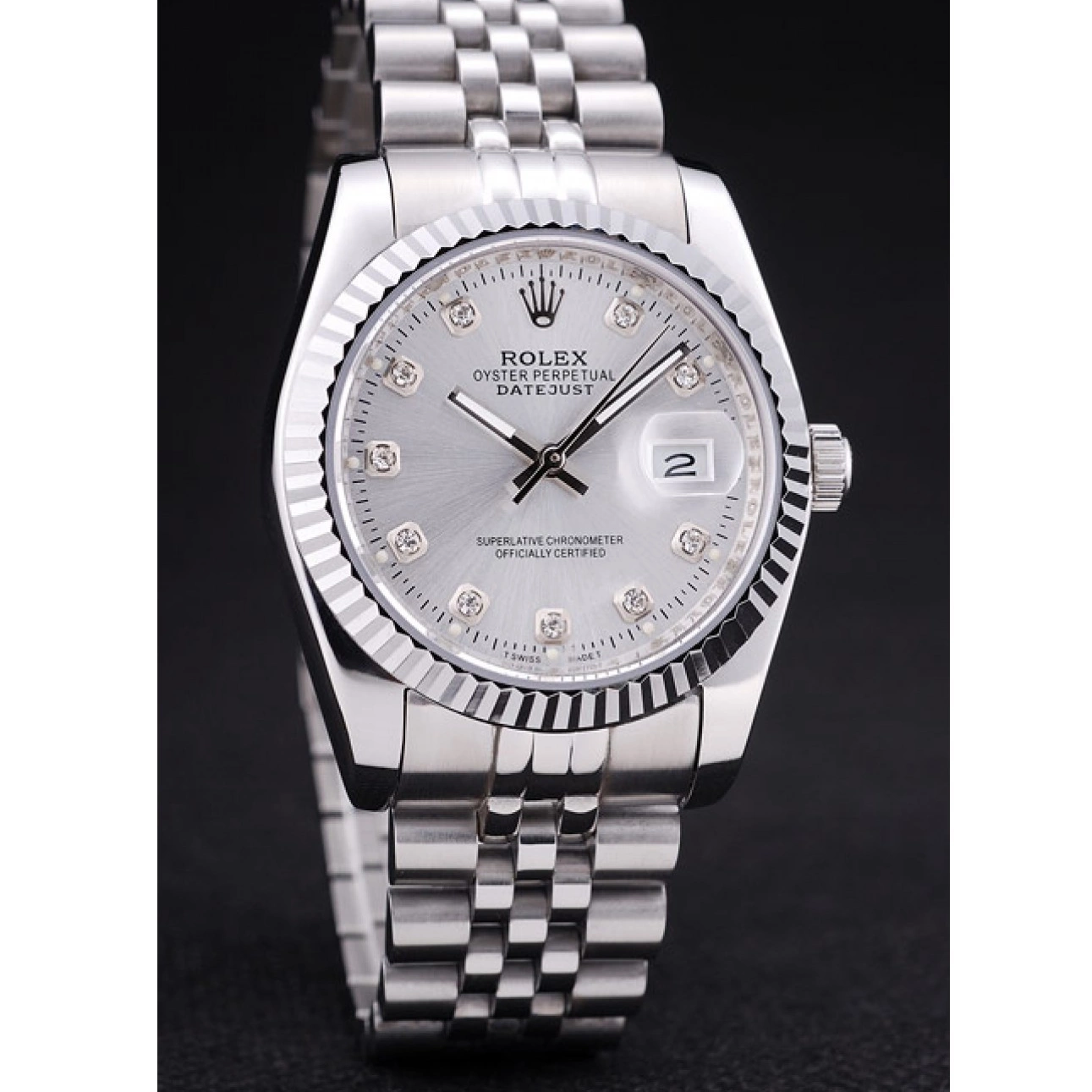 Aaa fake watches Diamonds Bezel Rolex Dial Silver Datejust 7455 Ribbed 0517